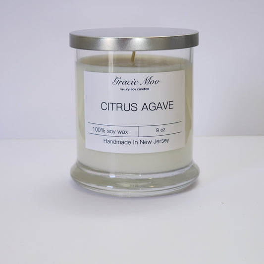 Citrus Agave Status candle by Gracie Moo Candles, showcasing a beautifully designed candle in a glass jar with fresh citrus and agave scent.