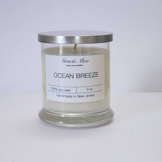 Ocean Breeze Status Candle by Gracie Moo Candles, showing a lit candle in a glass jar with ocean-inspired label and soft glow.