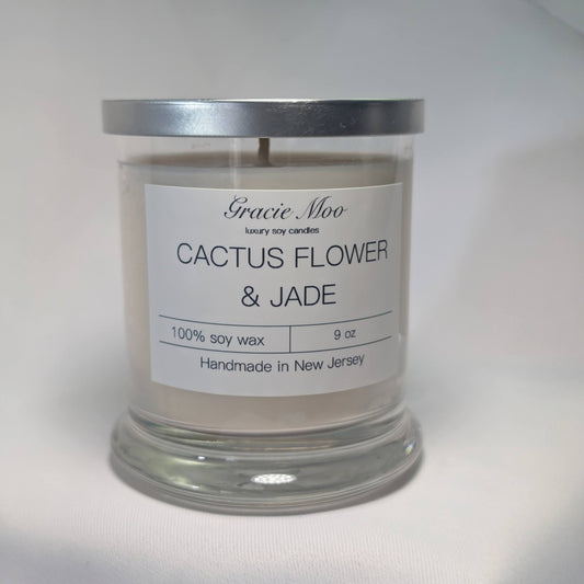 Cactus Flower and Jade Status Candle by Gracie Moo Candles featuring a decorative candle with cactus flower and jade accents.