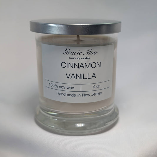 Cinnamon Vanilla Status Candle by Gracie Moo Candles, showcasing a warm, inviting candle with cinnamon and vanilla scent notes.