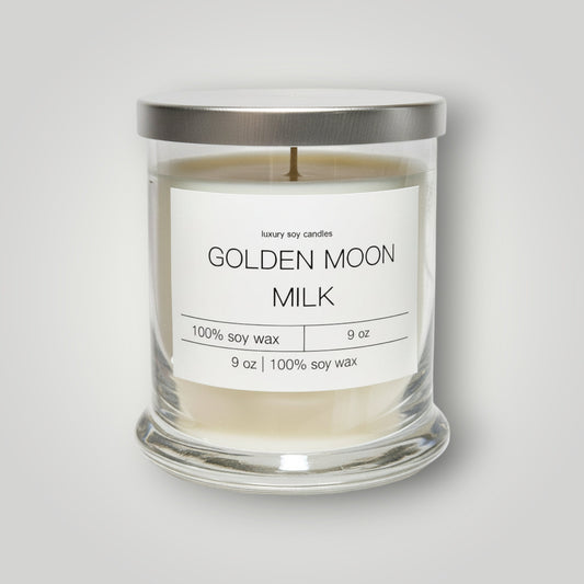 Golden Moon Milk Status Candle by Gracie Moo Candles featuring a golden-hued wax and elegant design.
