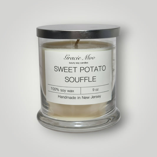 Sweet Potato Soufflé candle by Gracie Moo Candles, showcasing a warm, inviting design in a glass jar.